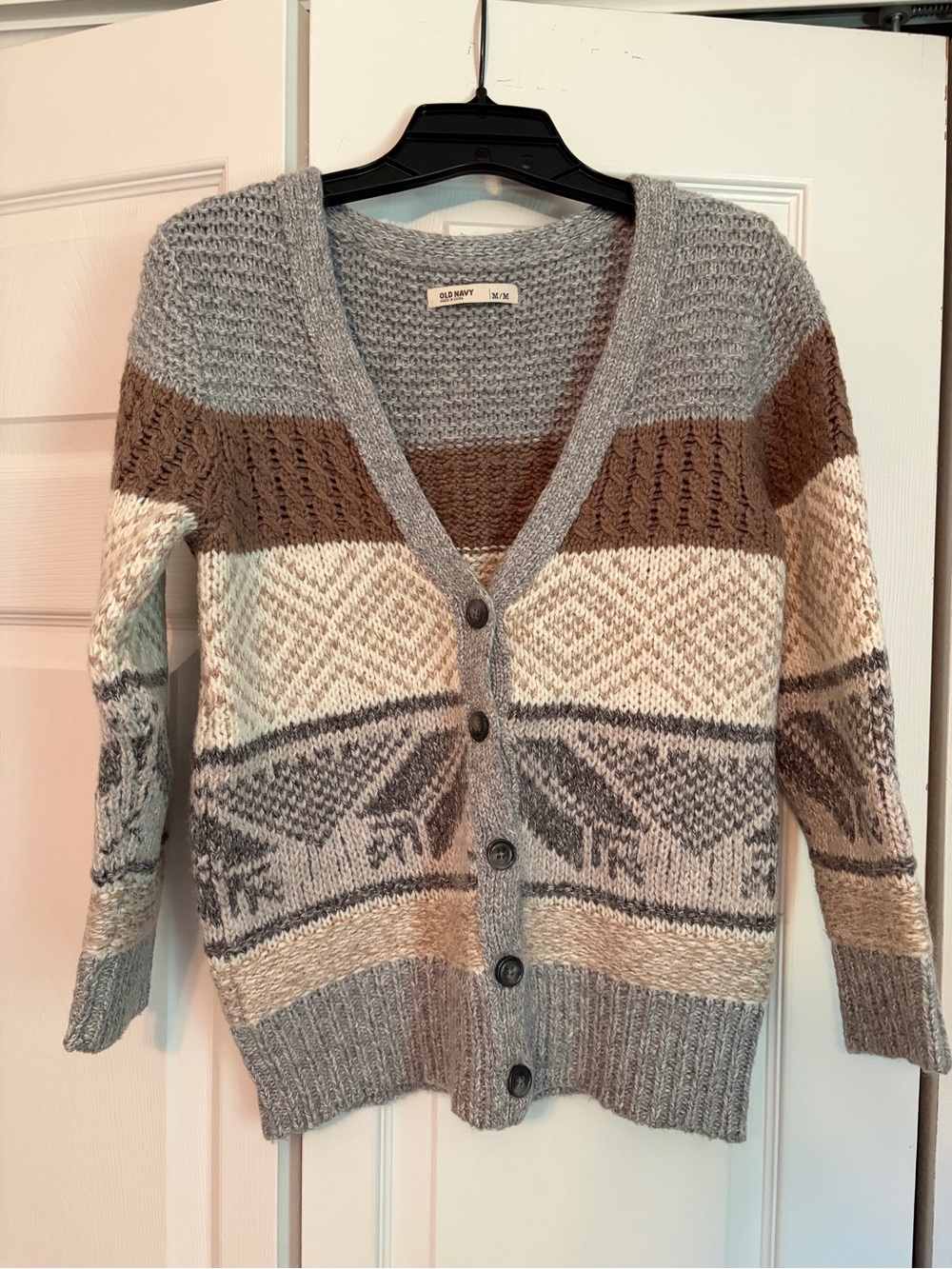 Old Navy Multicolor Gray Brown Cream Patterned Knit Cardigan